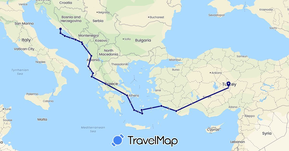 TravelMap itinerary: driving in Albania, Greece, Croatia, Montenegro, Turkey (Asia, Europe)
